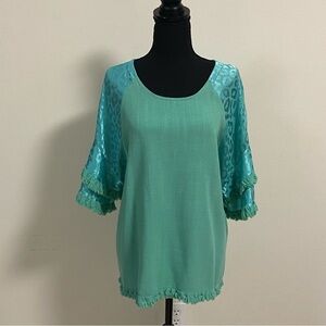 Umgee linen cotton blend Ruffle sleeve Blouse Aqua Green Size Medium